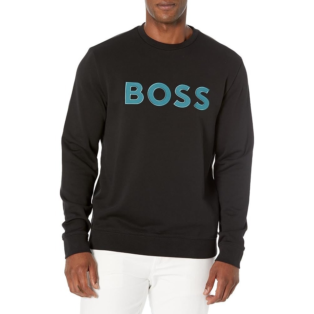 Hugo Boss Mens Black Crewneck Sweatshirt Teal Logo Pullover Size Small